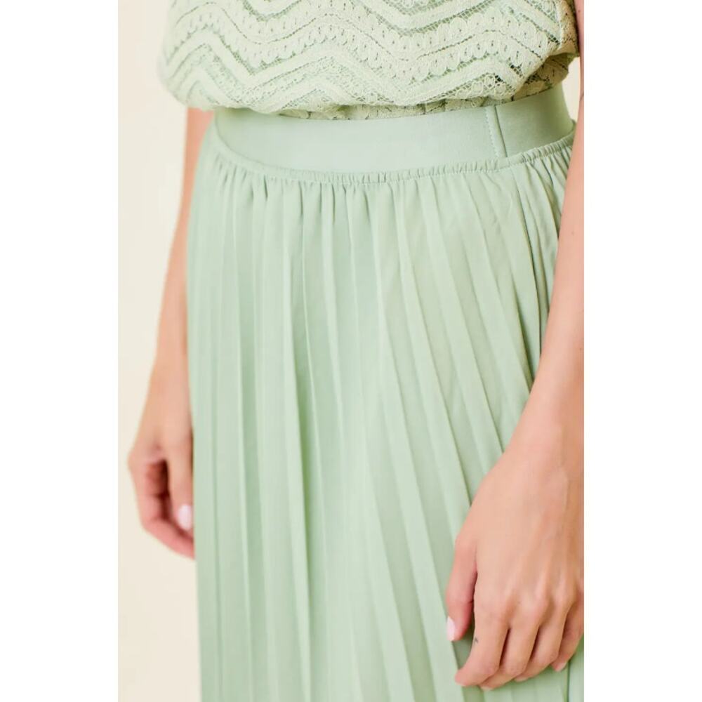 Sage Green Pleated Midi Skirt Asymmetrical Hem - Picture 5 of 9